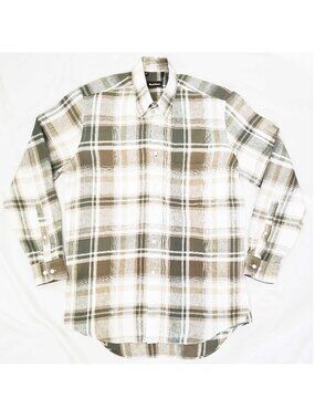 Paul Stuart Men's Linen Plaid Sport Button Down Shirt Olive White Tan Italy L